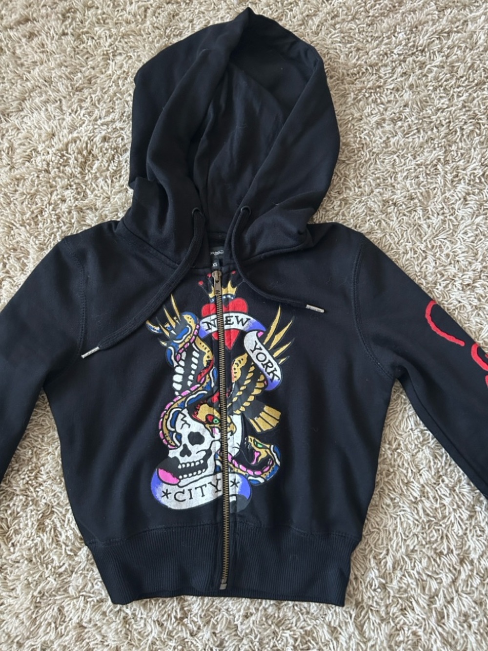 Ed Hardy Black Cropped Zip Hoodie with Graphic Skull Print Size XS